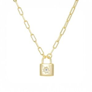 Gold Padlock Necklace with Sunburst Design
